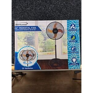 Brentwood 12 Inch Pedestal Fan Black Compact 3-Speed Oscillating Adjustable NEW